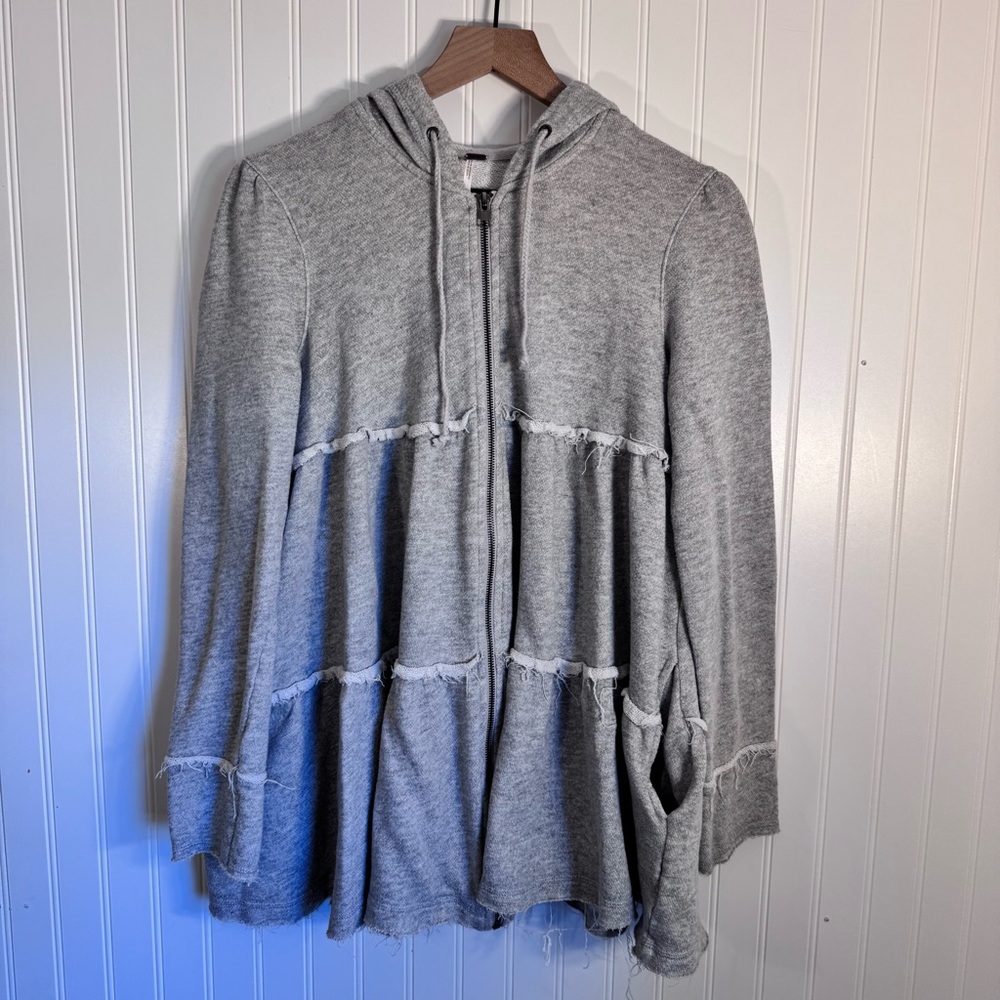 Free People Tiered Trapeze Zip-Up Hoodie Swearer Gray  Women’s Size Small - Picture 2 of 12